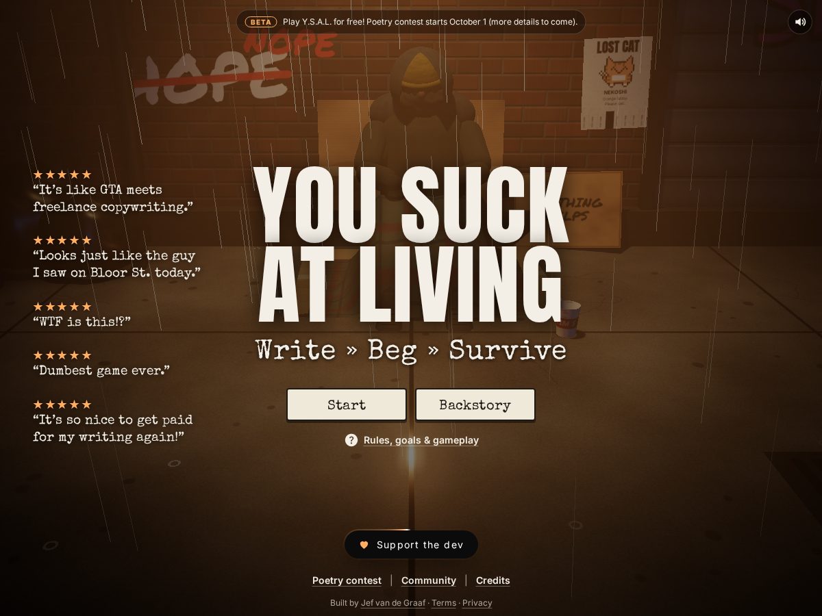 Landing-page snapshot of yousuckatliving.com