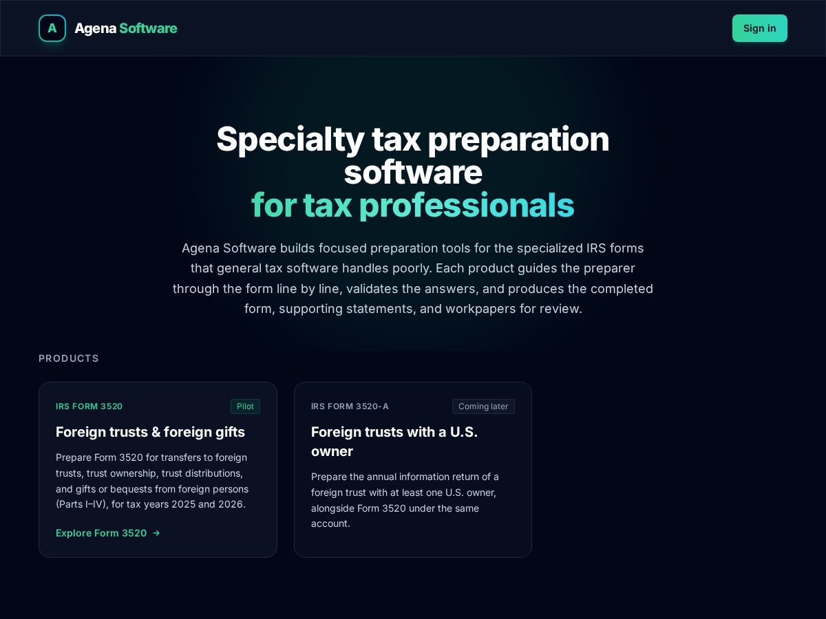 Landing-page snapshot of agenasoftware.com