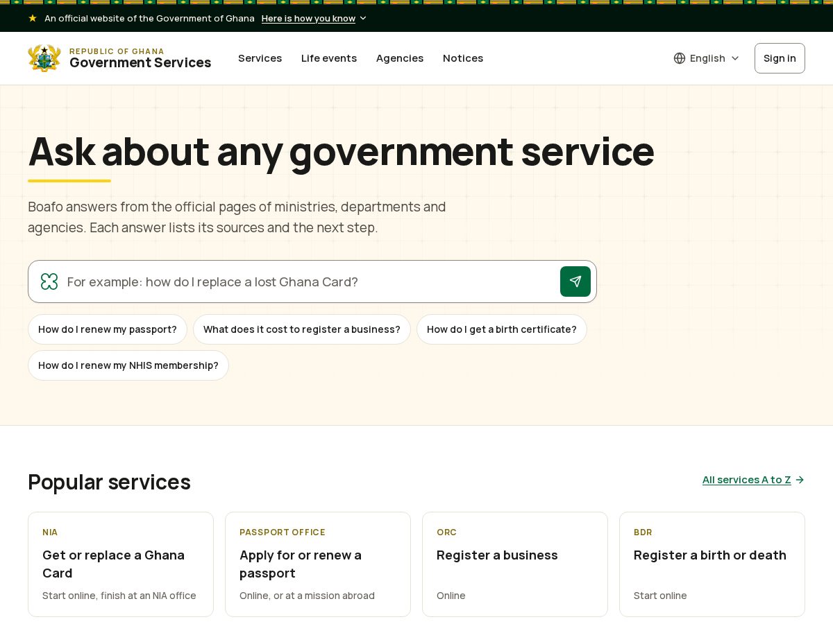 Landing-page snapshot of askboafo.com