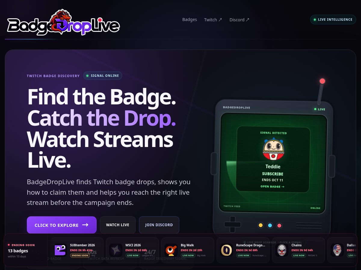 Landing-page snapshot of badgedroplive.com