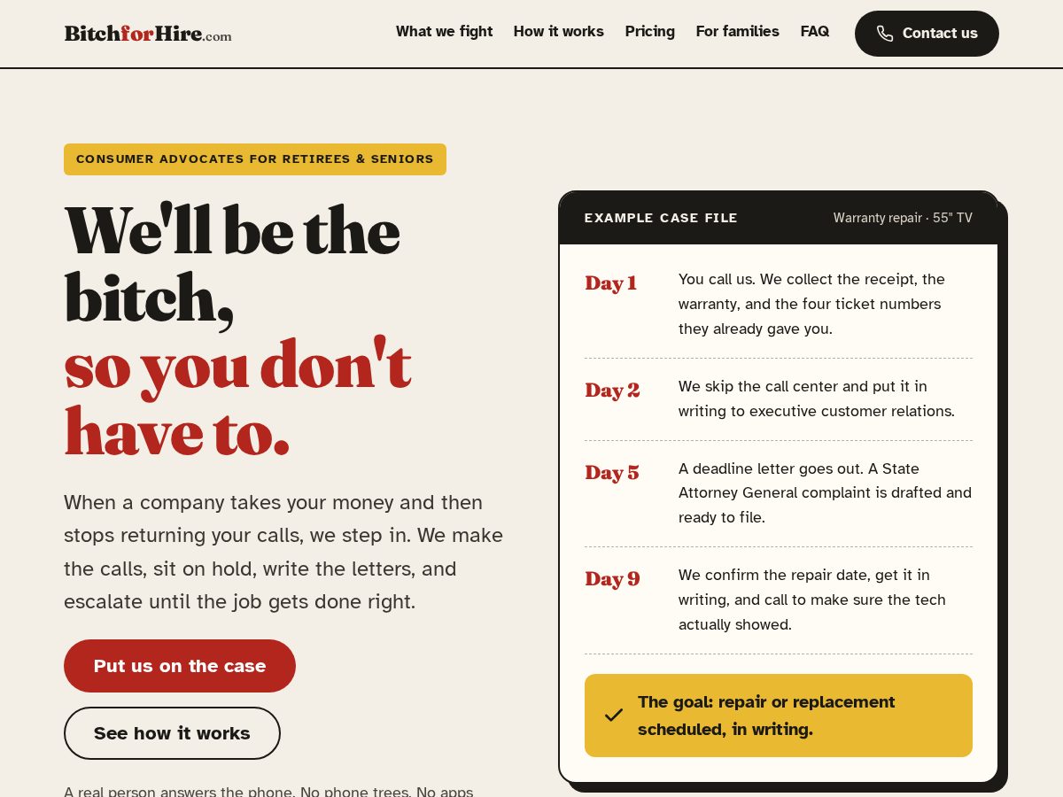 Landing-page snapshot of bitchforhire.com