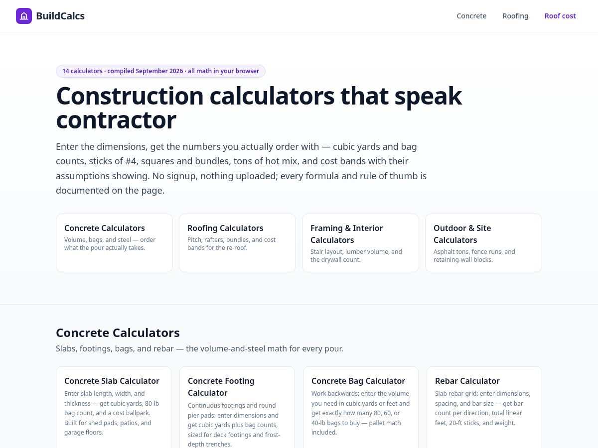 Landing-page snapshot of buildcalcs.best