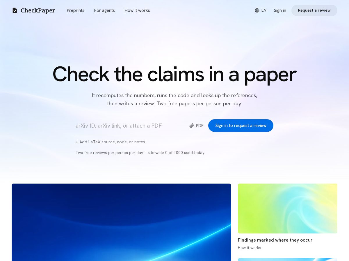 Landing-page snapshot of checkpaper.app