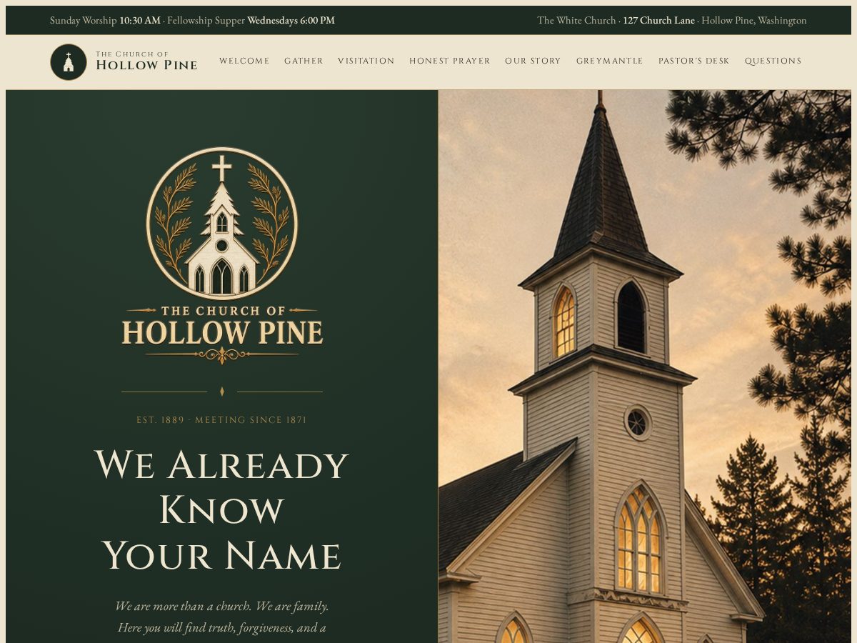 Landing-page snapshot of churchofhollowpine.com