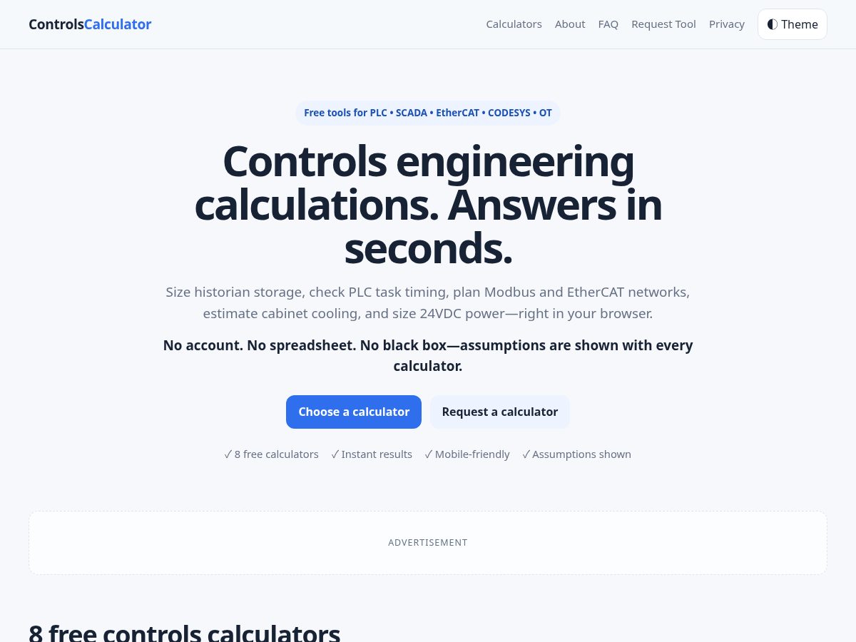 Landing-page snapshot of controlscalculator.com