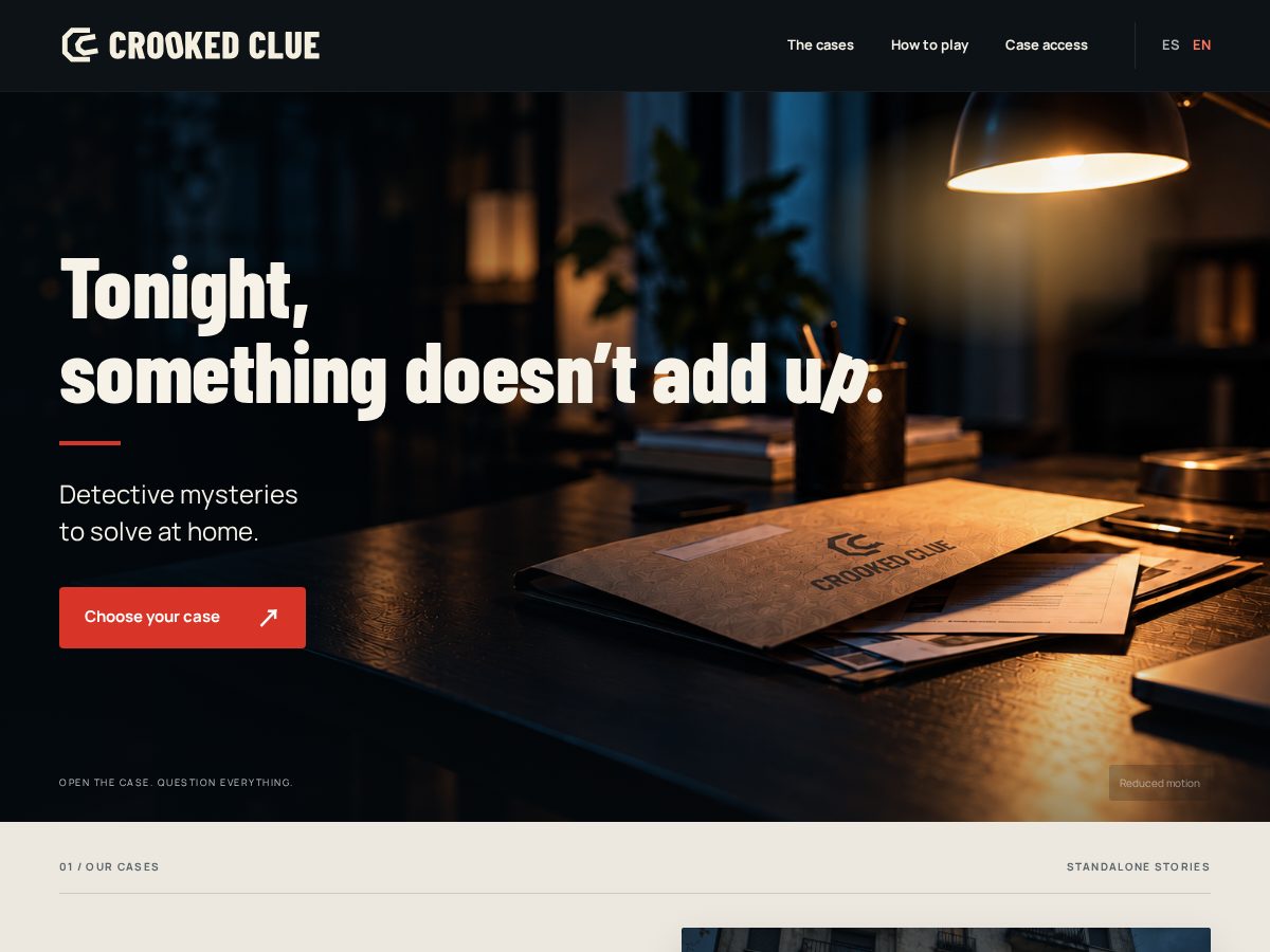 Landing-page snapshot of crookedcluegames.com