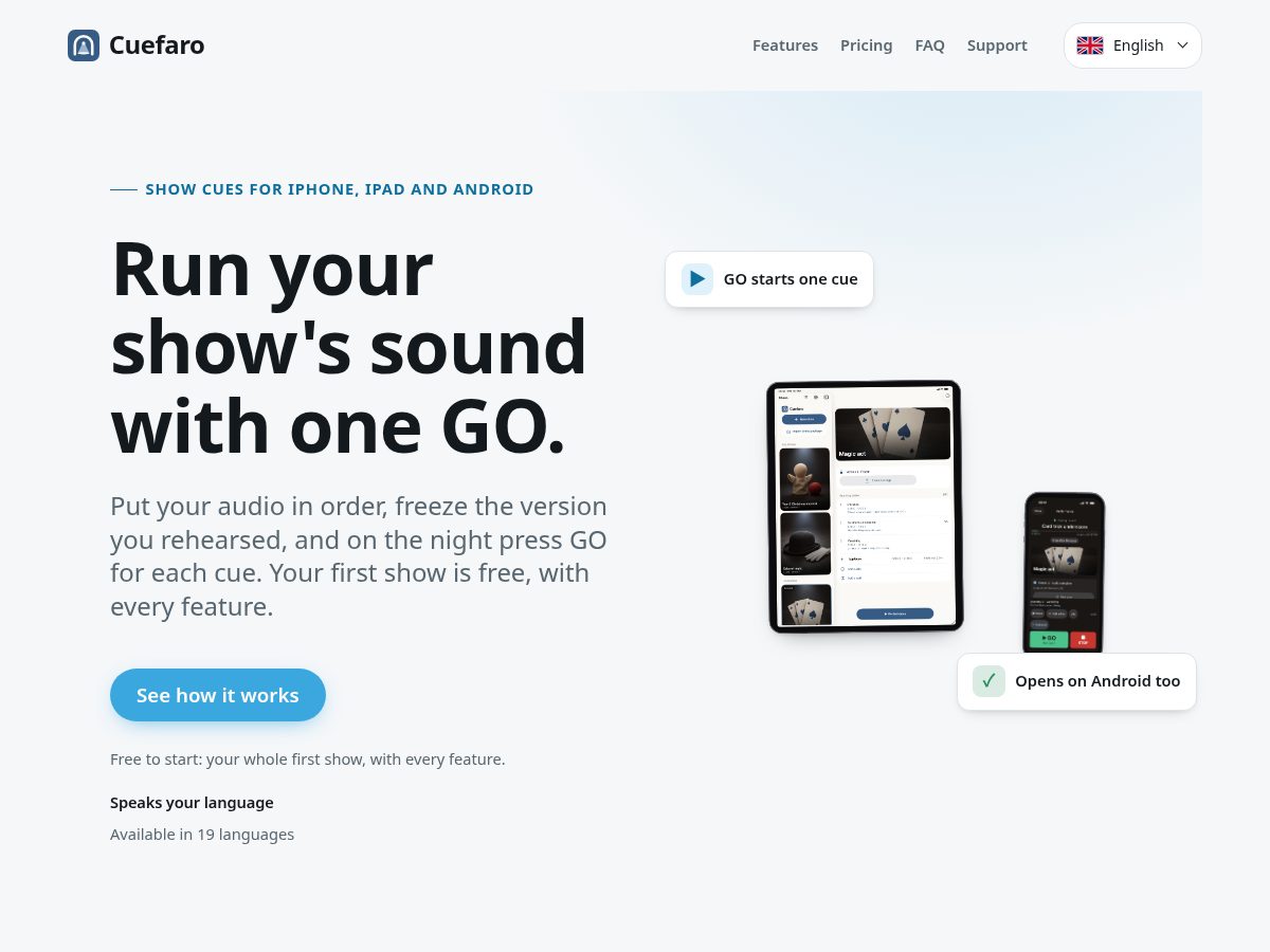 Landing-page snapshot of cuefaro.com