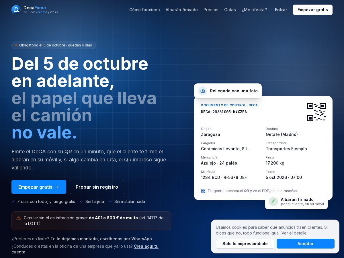 Landing-page snapshot of decafirma.com