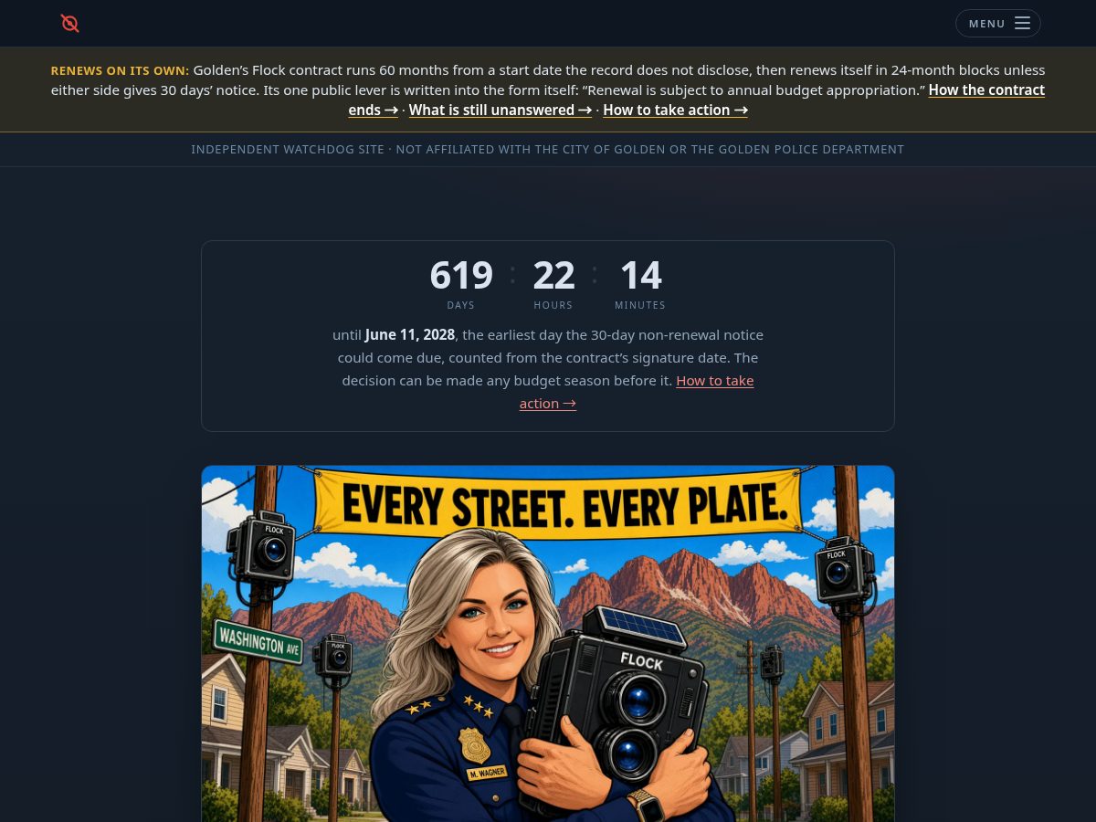 Landing-page snapshot of deflockgolden.com