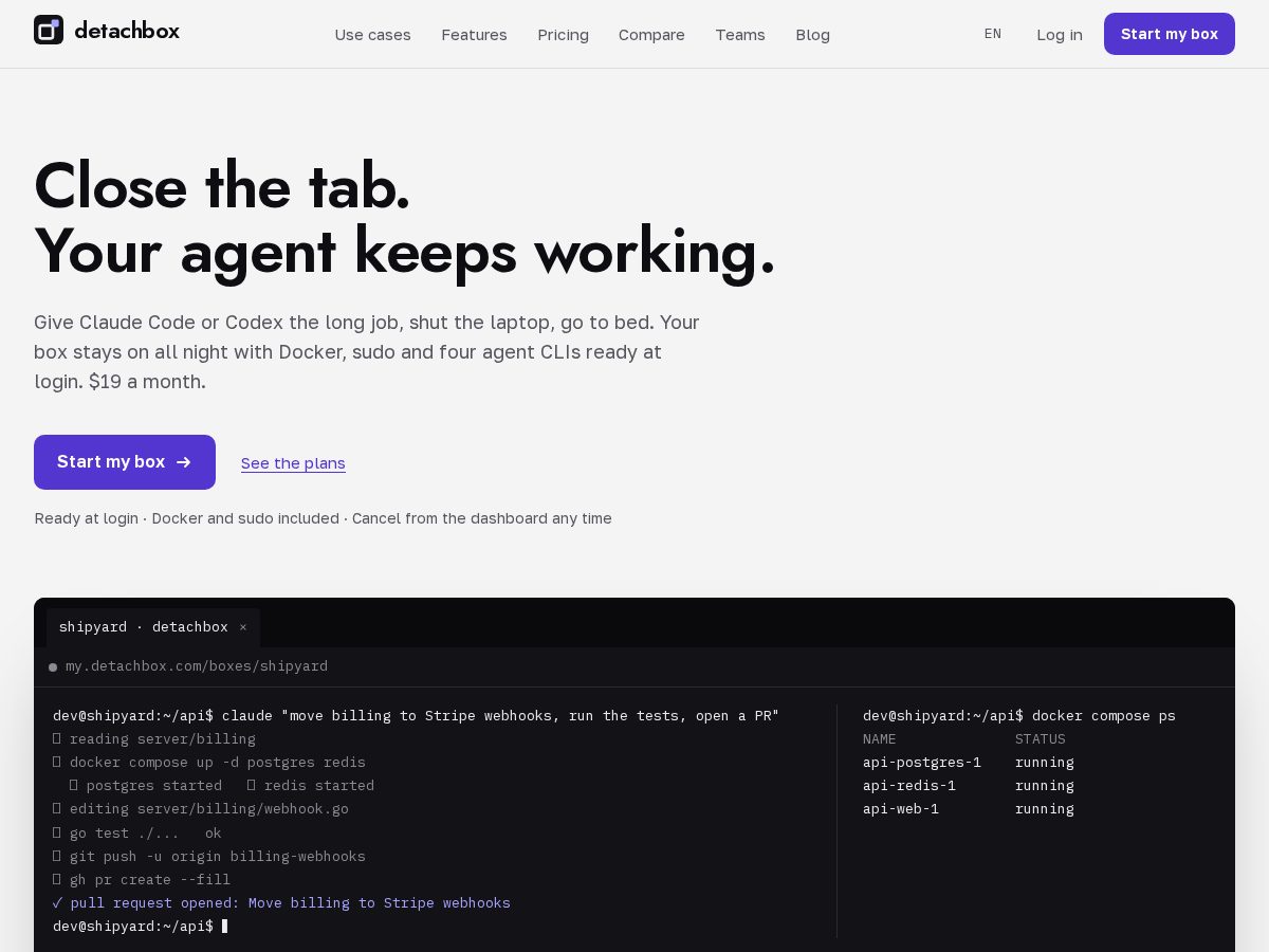 Landing-page snapshot of detachbox.com