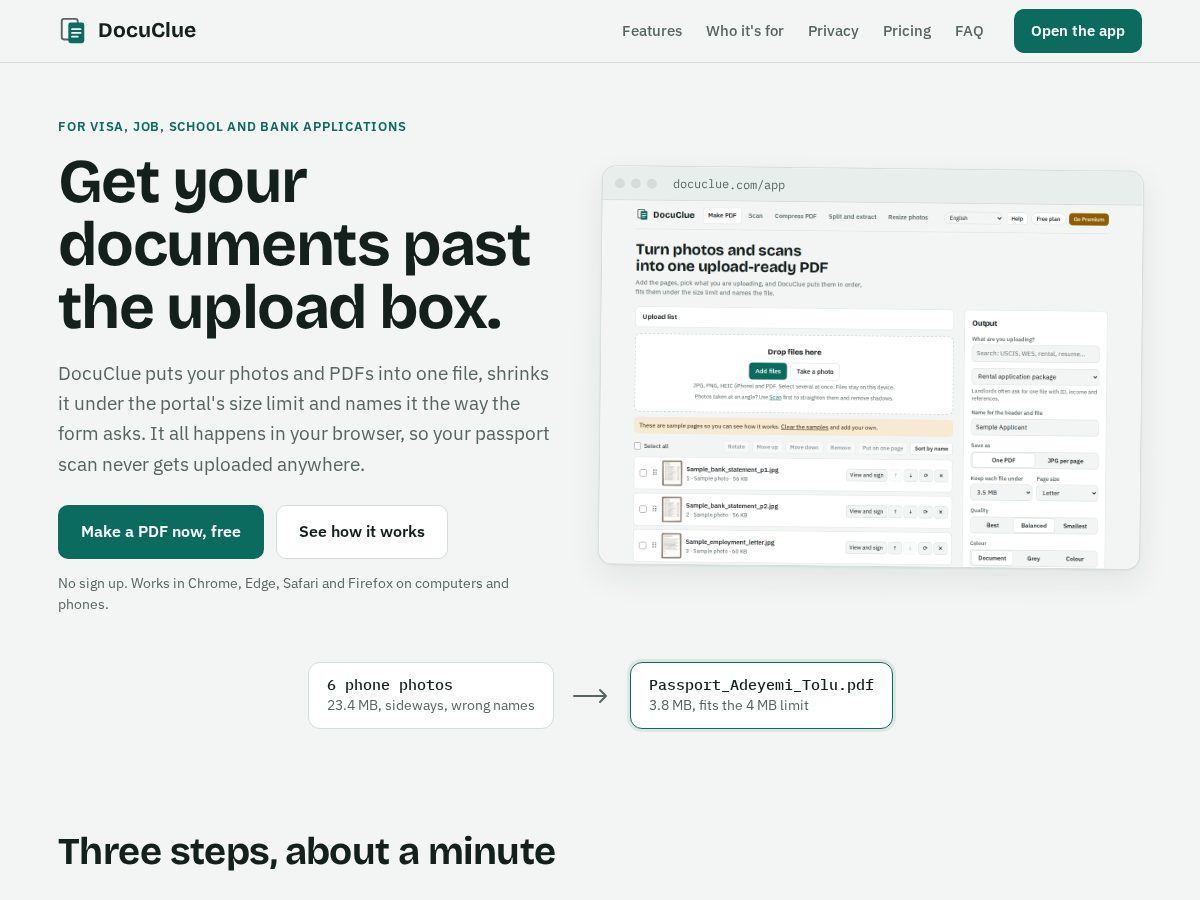 Landing-page snapshot of docuclue.com