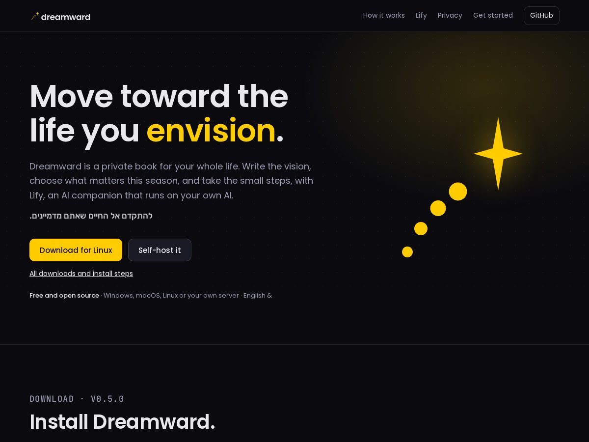 Landing-page snapshot of dreamward.life