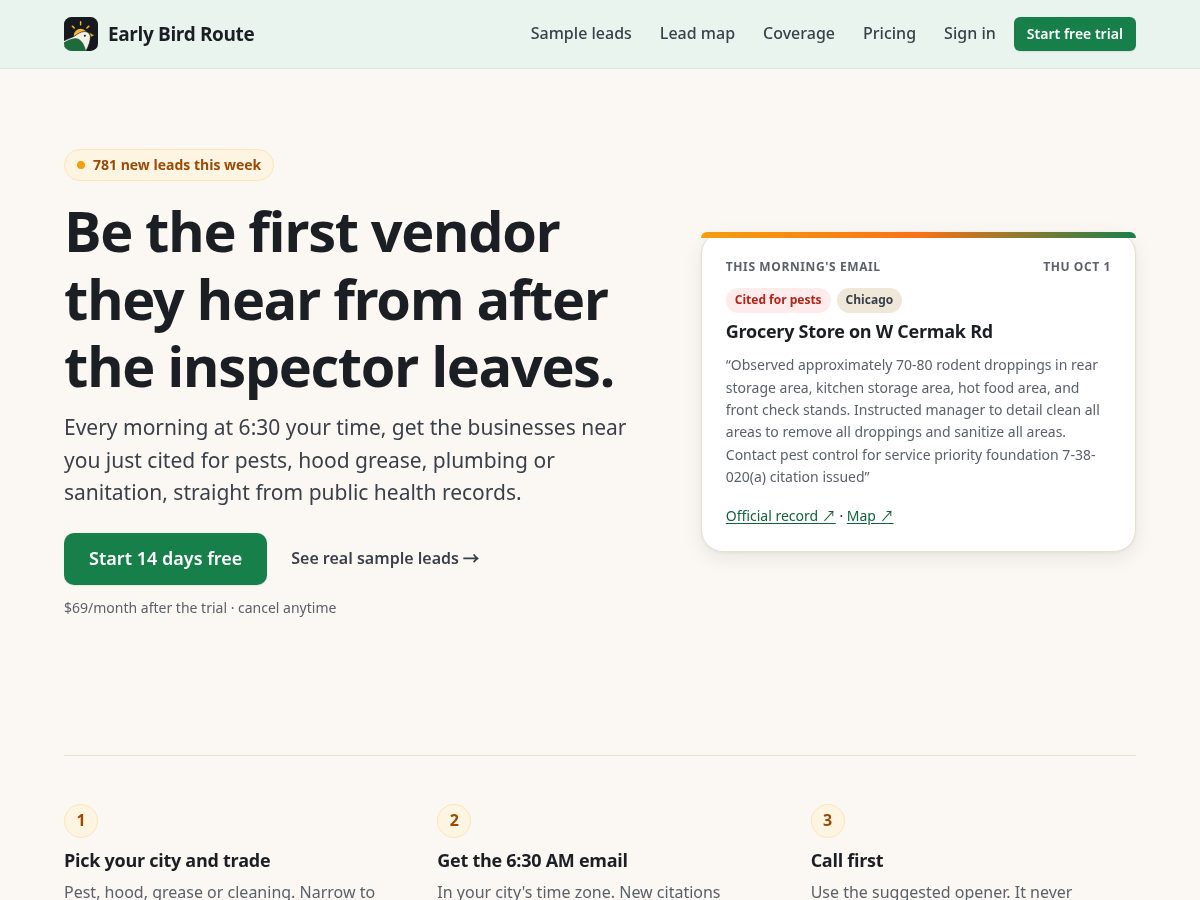 Landing-page snapshot of earlybirdroute.com