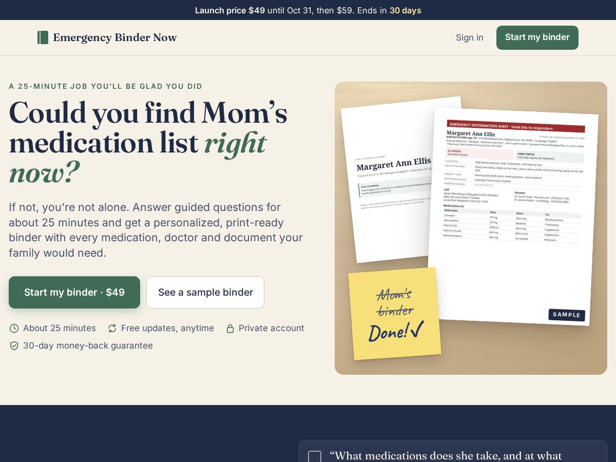 Landing-page snapshot of emergencybindernow.com