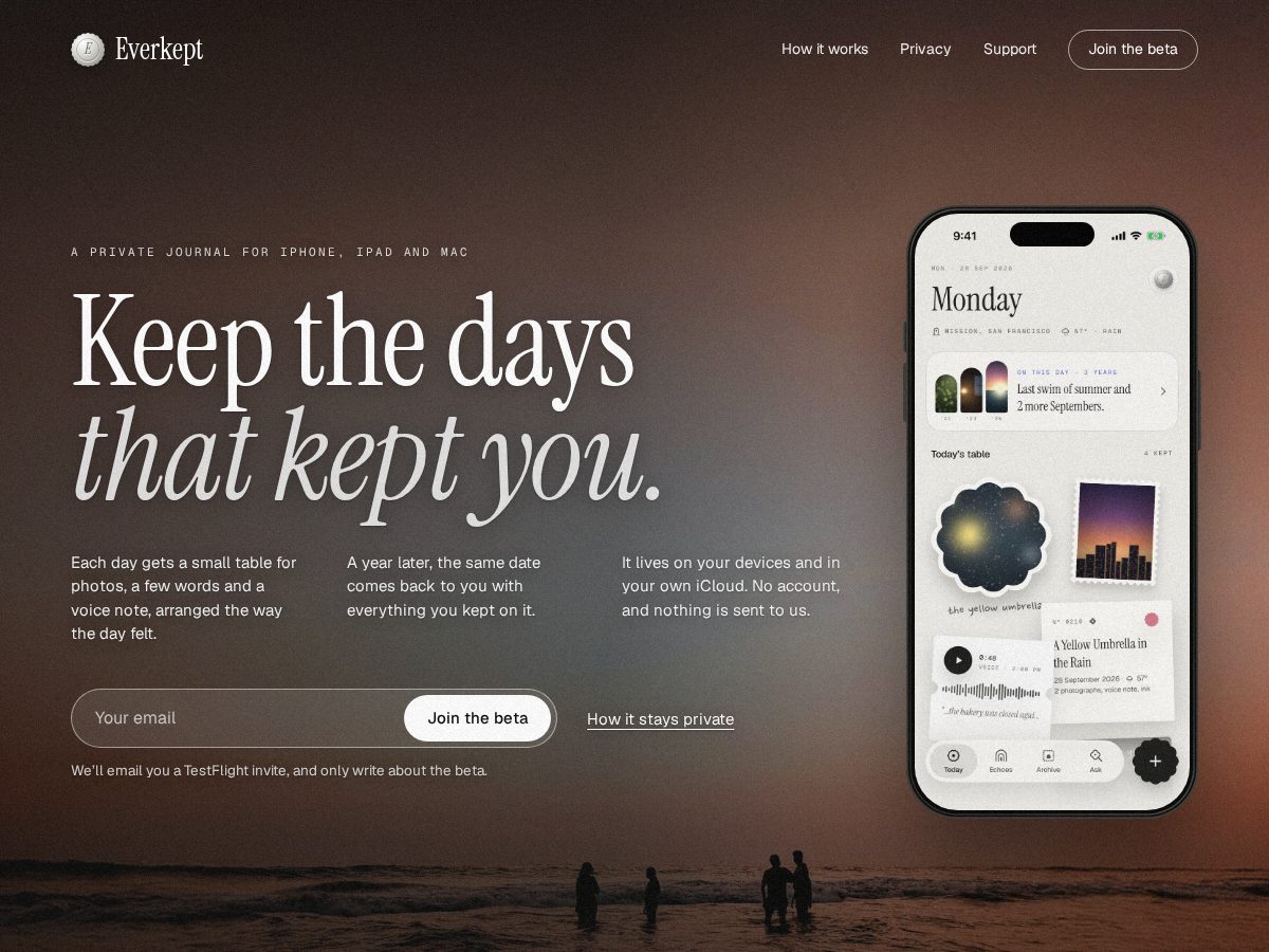 Landing-page snapshot of everkept.day