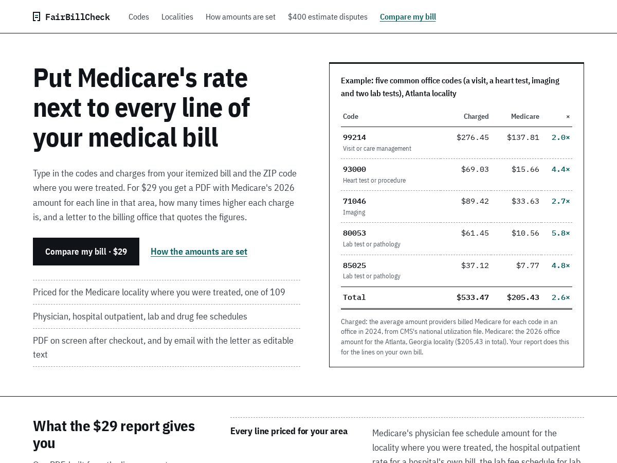 Landing-page snapshot of fairbillcheck.com