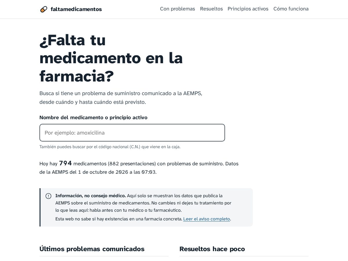 Landing-page snapshot of faltamedicamentos.com