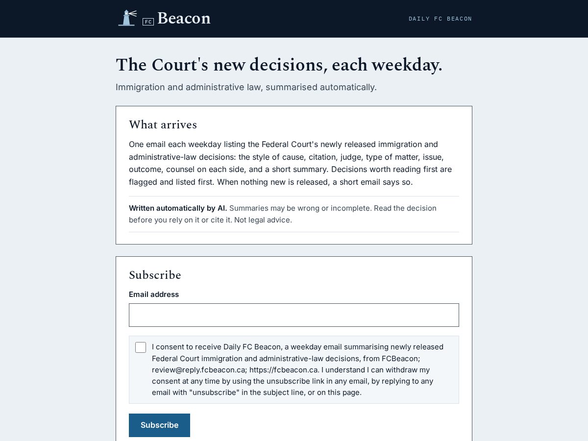 Landing-page snapshot of fcbeacon.com