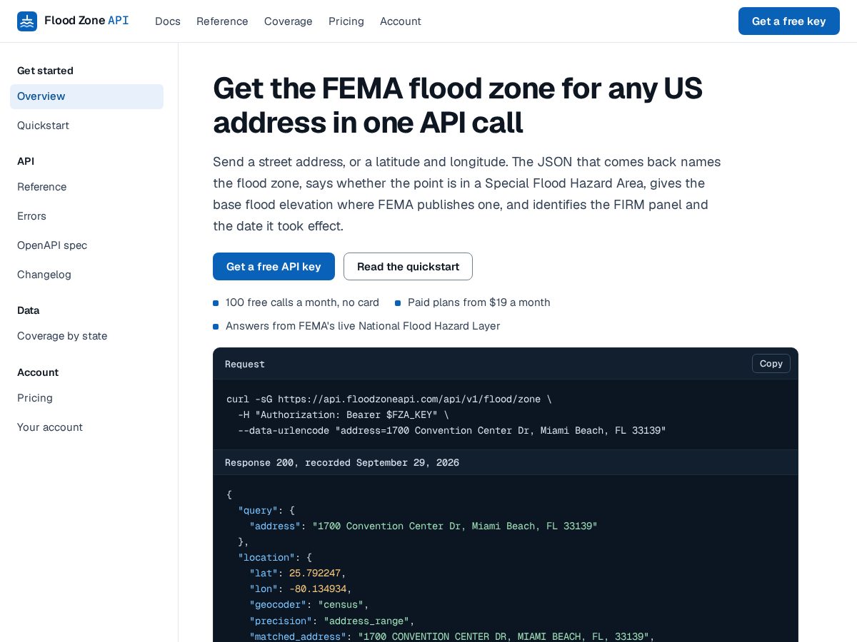 Landing-page snapshot of floodzoneapi.com