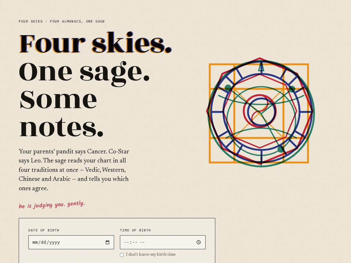 Landing-page snapshot of fourskiesastro.com