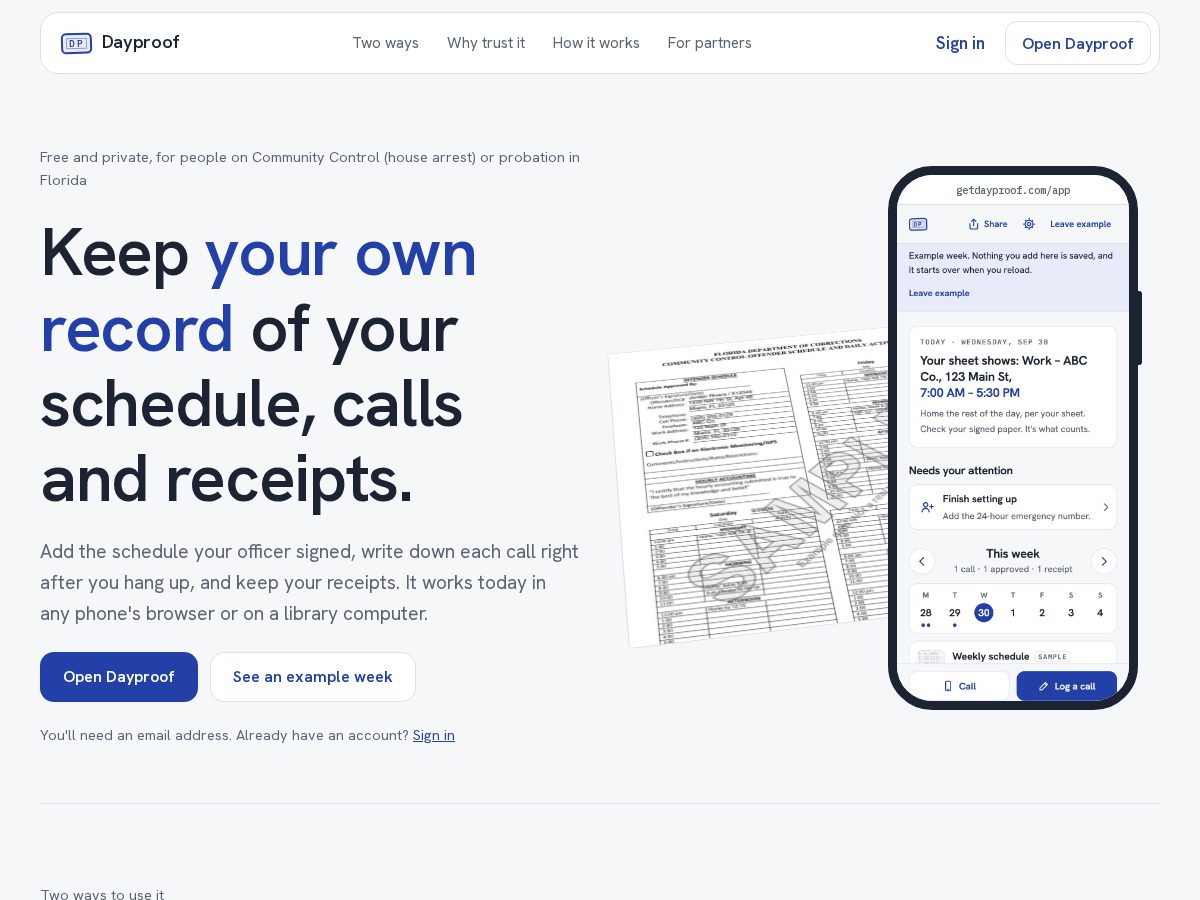 Landing-page snapshot of getdayproof.com