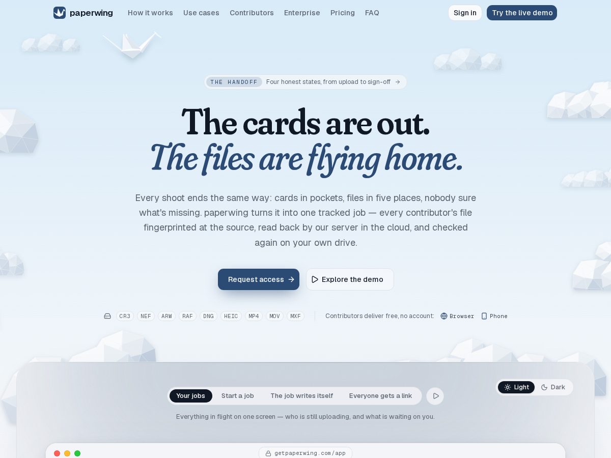 Landing-page snapshot of getpaperwing.com