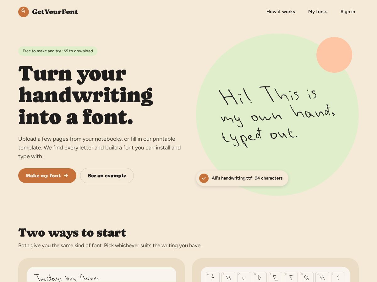 Landing-page snapshot of getyourfont.com