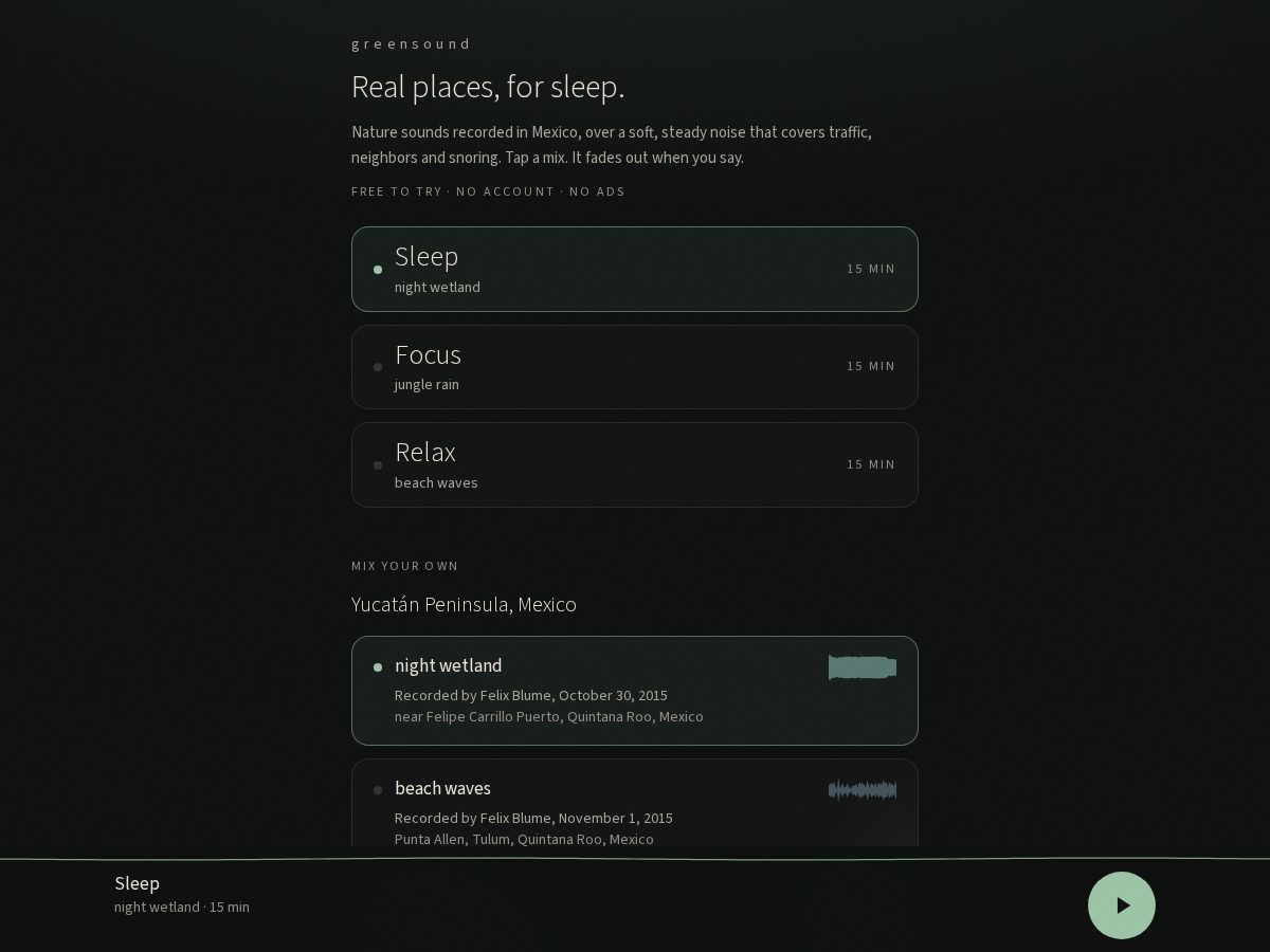 Landing-page snapshot of greensound.app