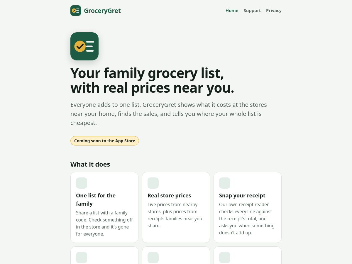 Landing-page snapshot of grocerygret.com