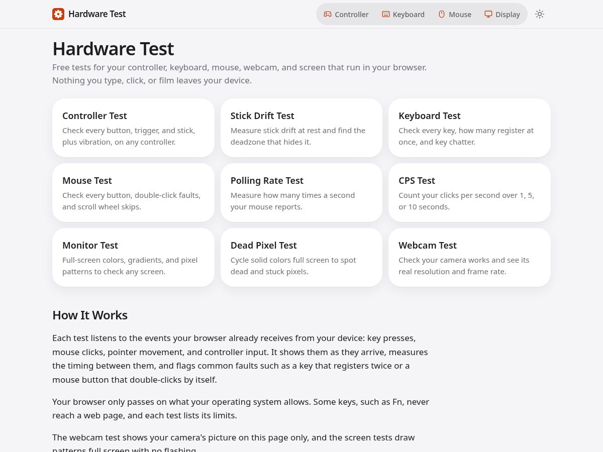 Landing-page snapshot of hardwaretest.app
