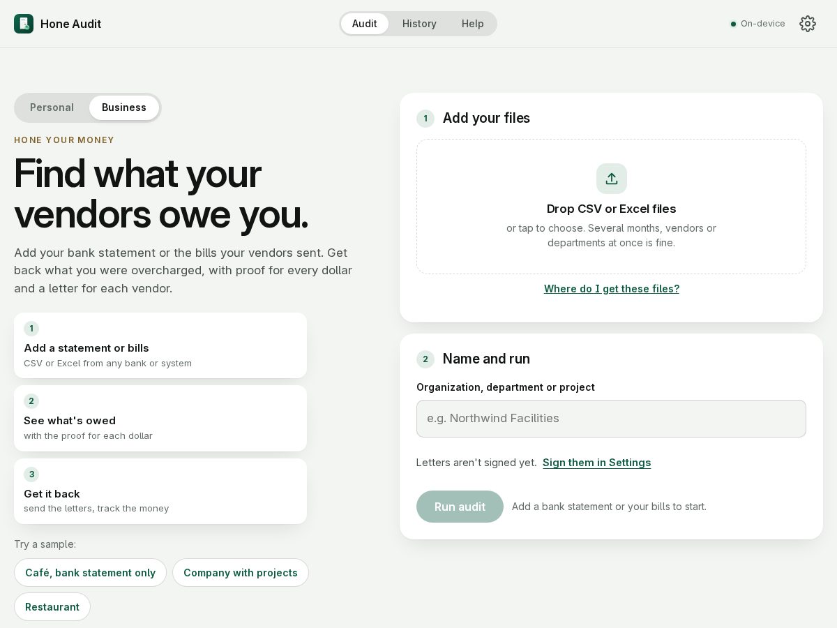Landing-page snapshot of honeaudit.com