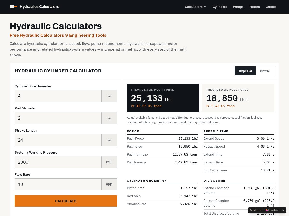 Landing-page snapshot of hydraulicscalculators.com