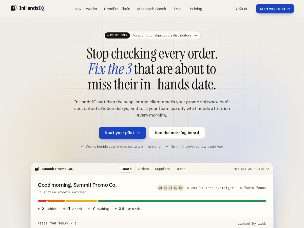Landing-page snapshot of inhandsiq.com