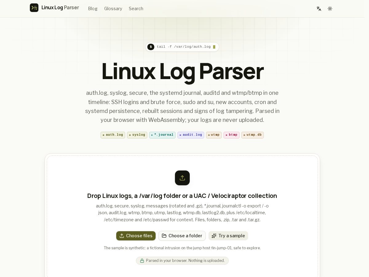 Landing-page snapshot of linuxlogparser.com