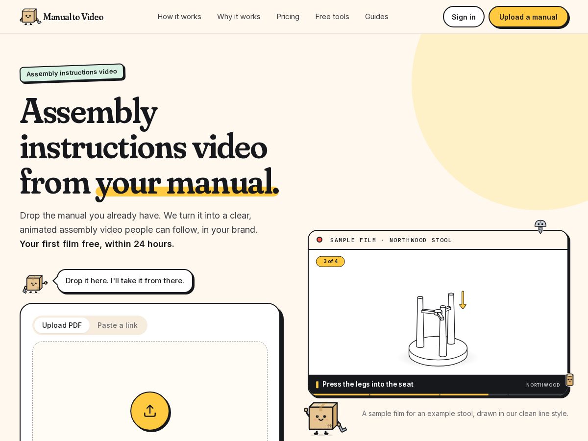 Landing-page snapshot of manualtovideo.com