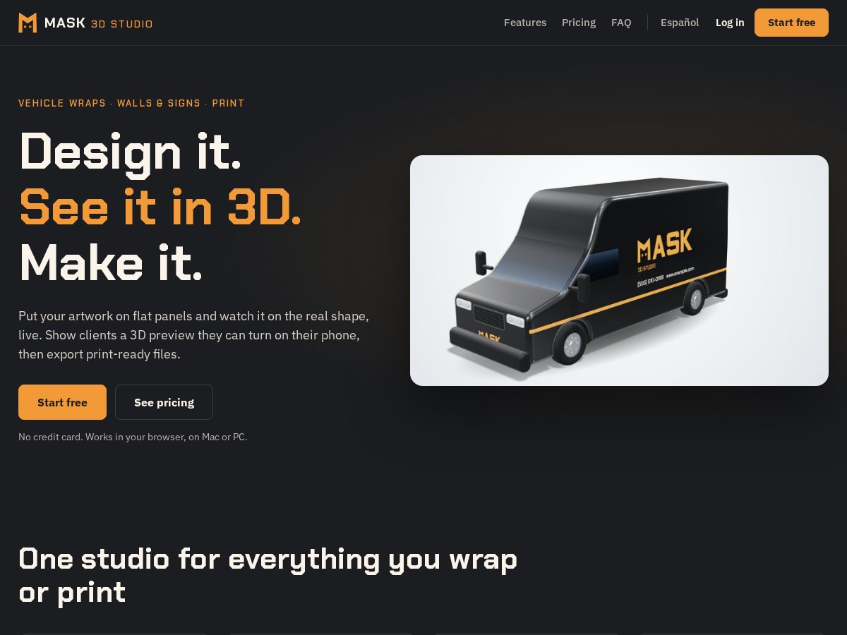 Landing-page snapshot of mask3dstudio.com