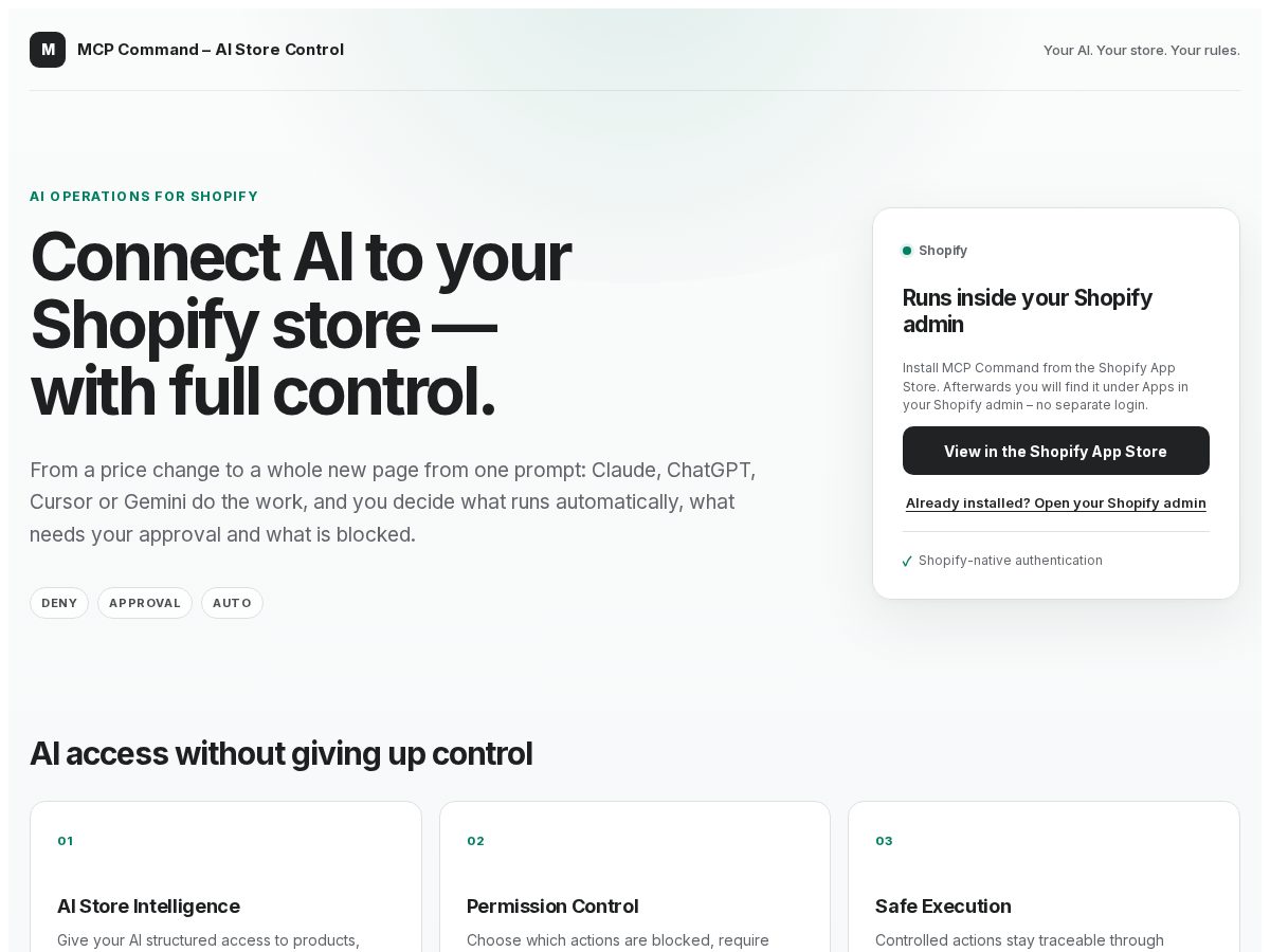 Landing-page snapshot of mcpcommand.app
