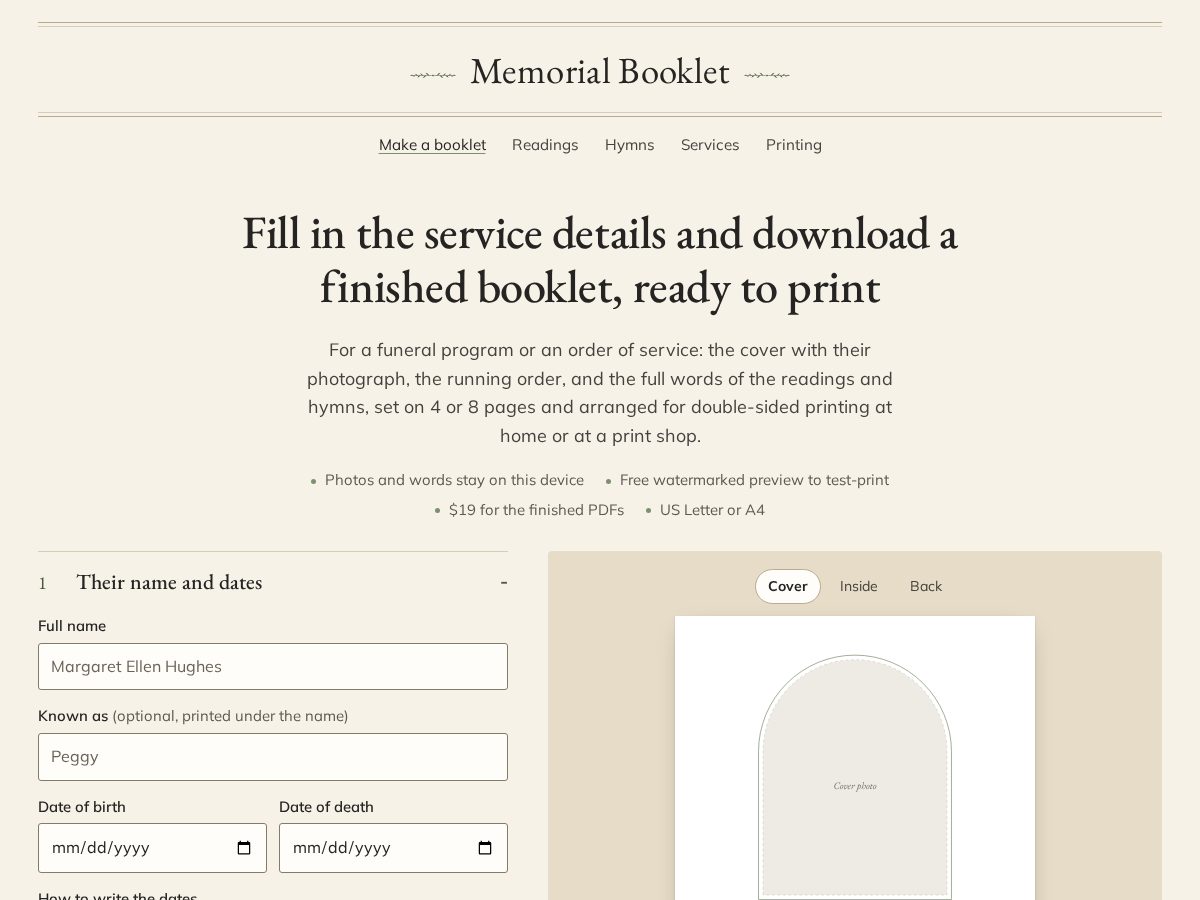 Landing-page snapshot of memorialbooklet.com