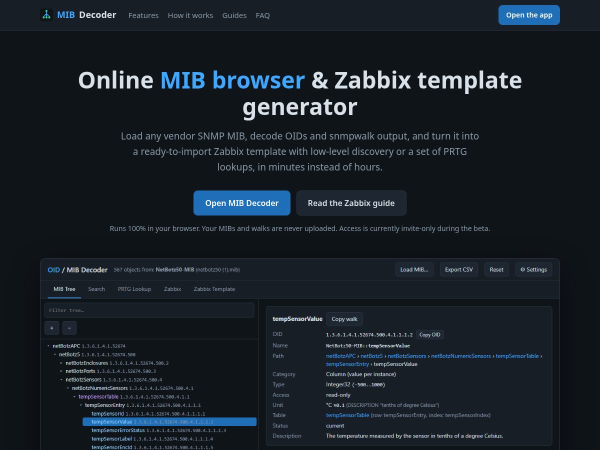 Landing-page snapshot of mibdecoder.com
