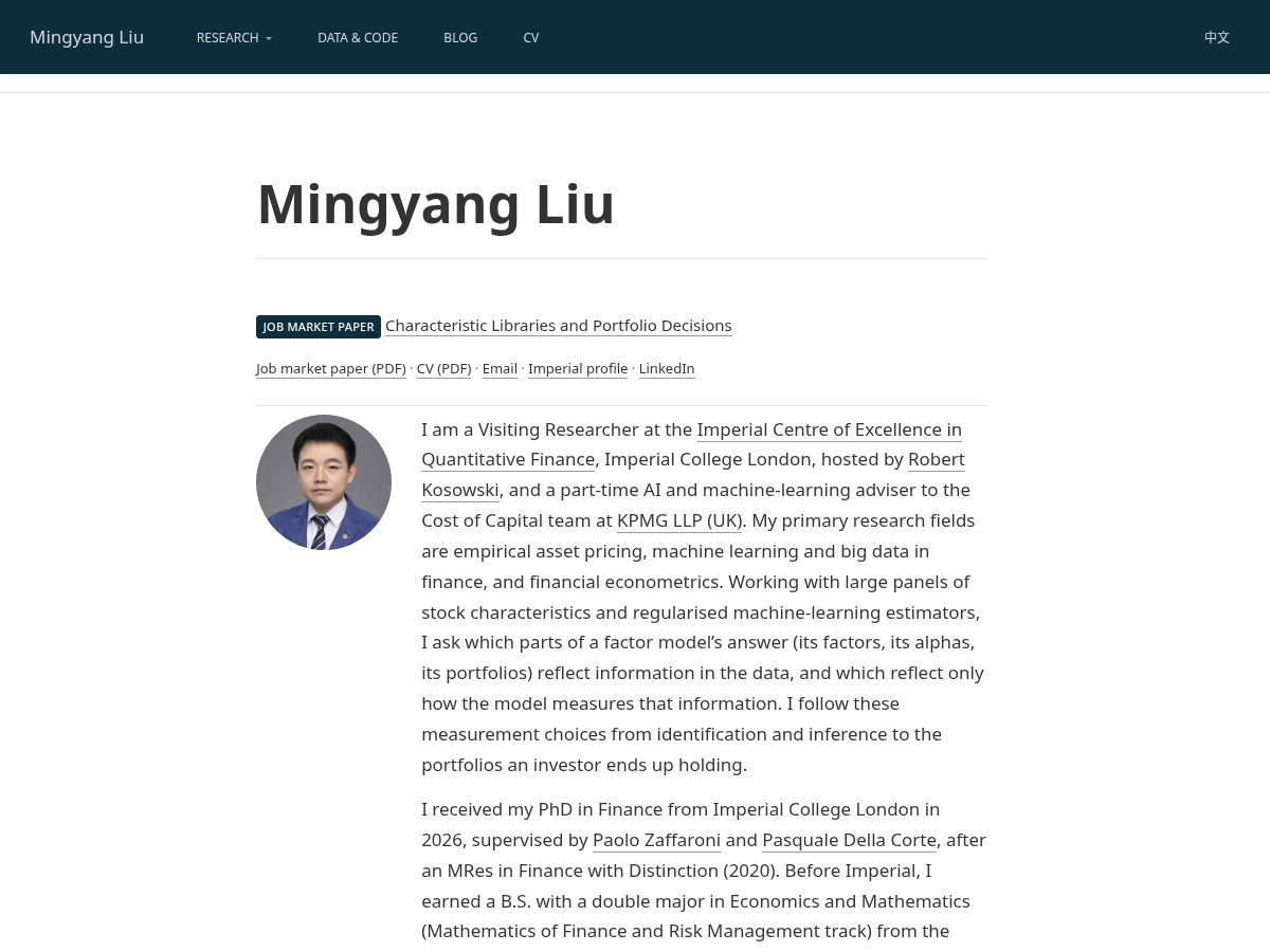 Landing-page snapshot of mingyangliu.org