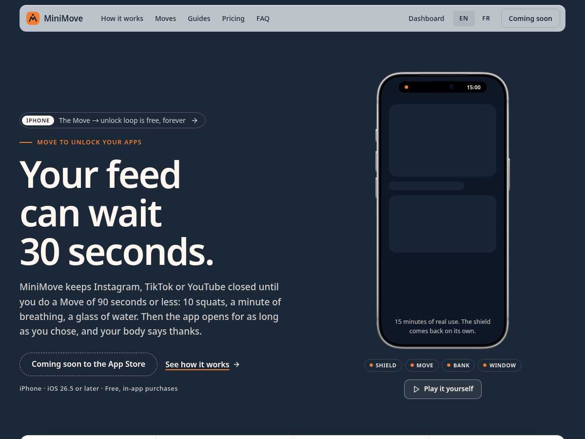 Landing-page snapshot of minimove.app