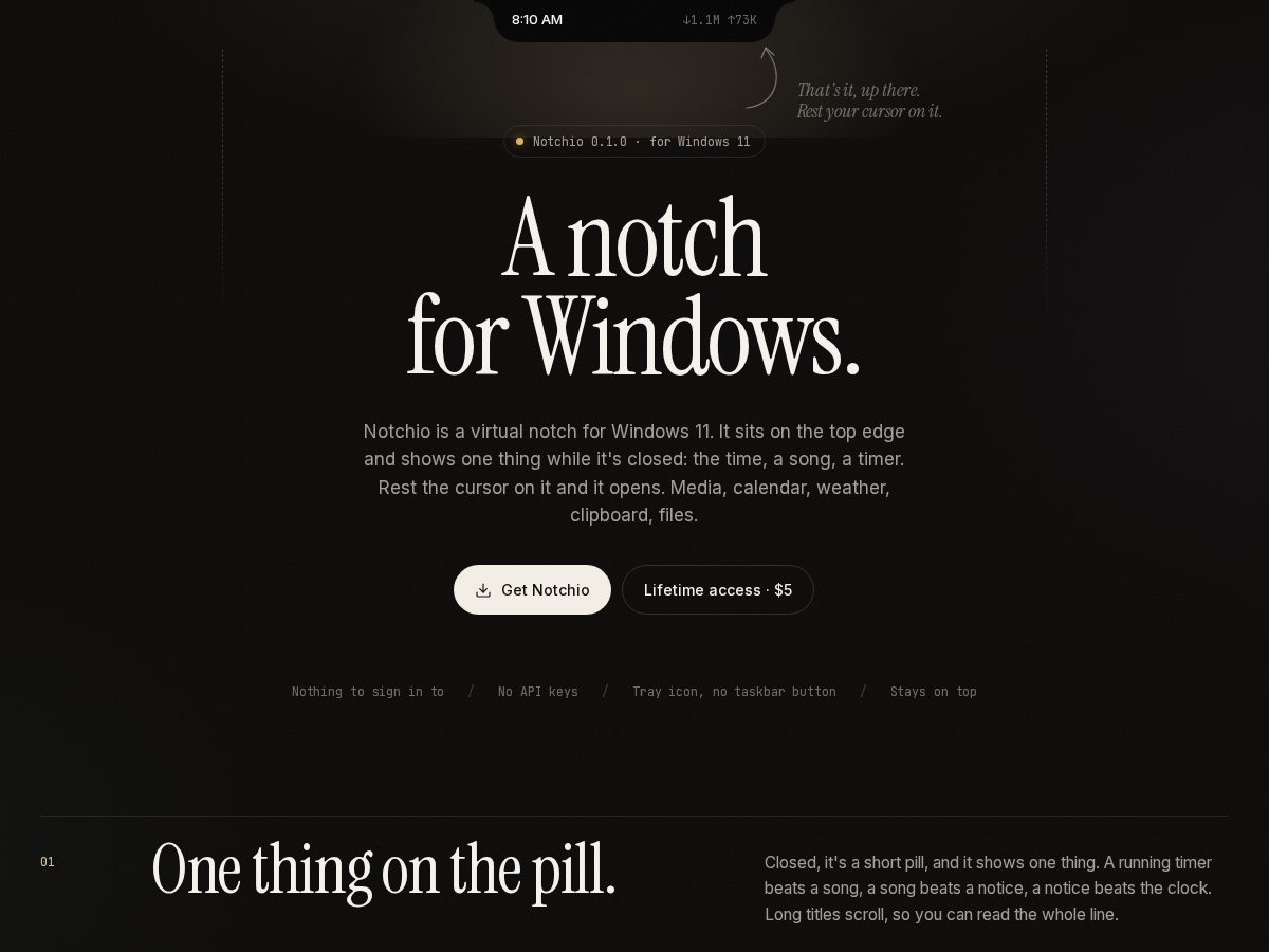 Landing-page snapshot of notchio.app
