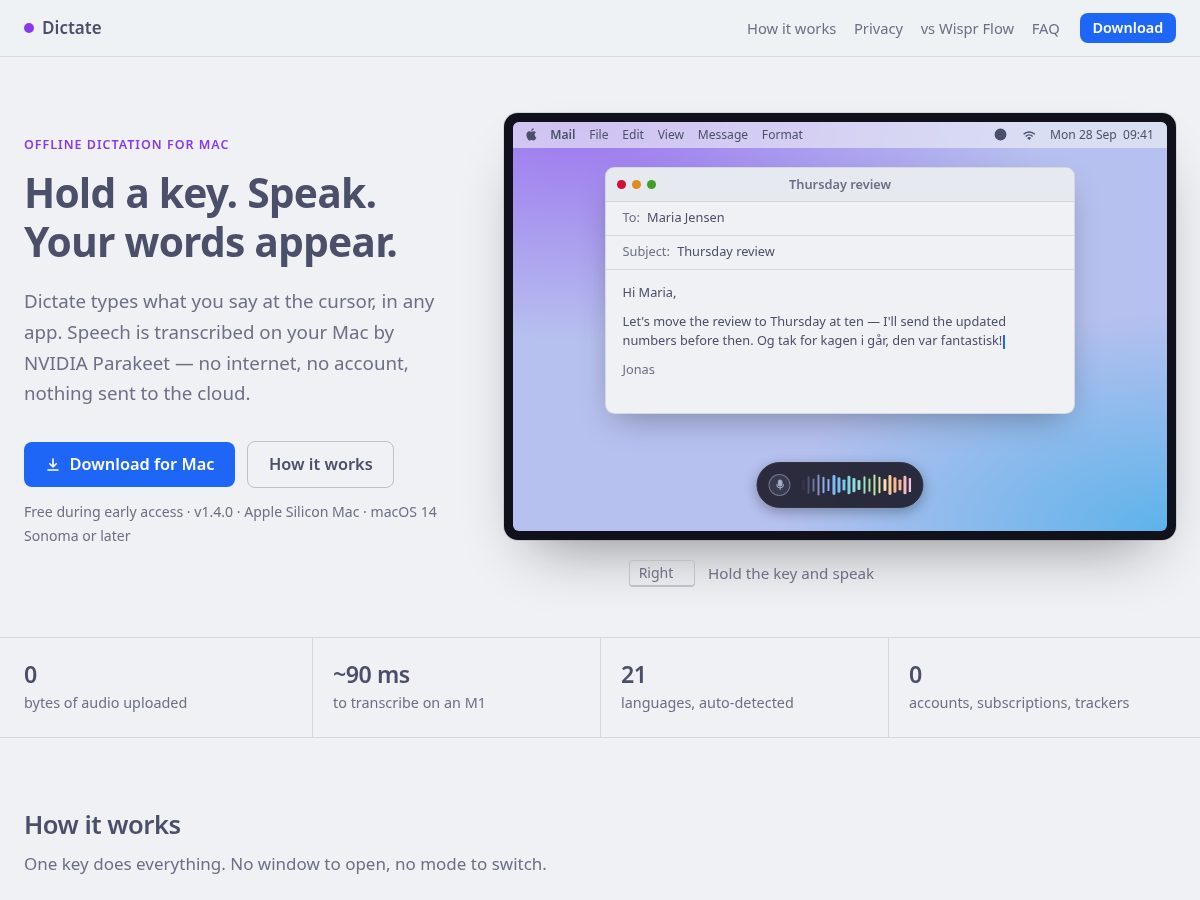 Landing-page snapshot of offlinedictation.app