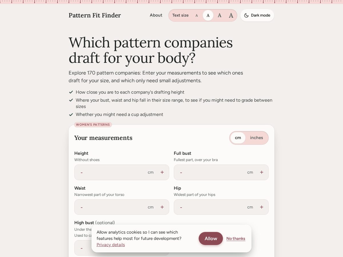 Landing-page snapshot of patternfitfinder.com