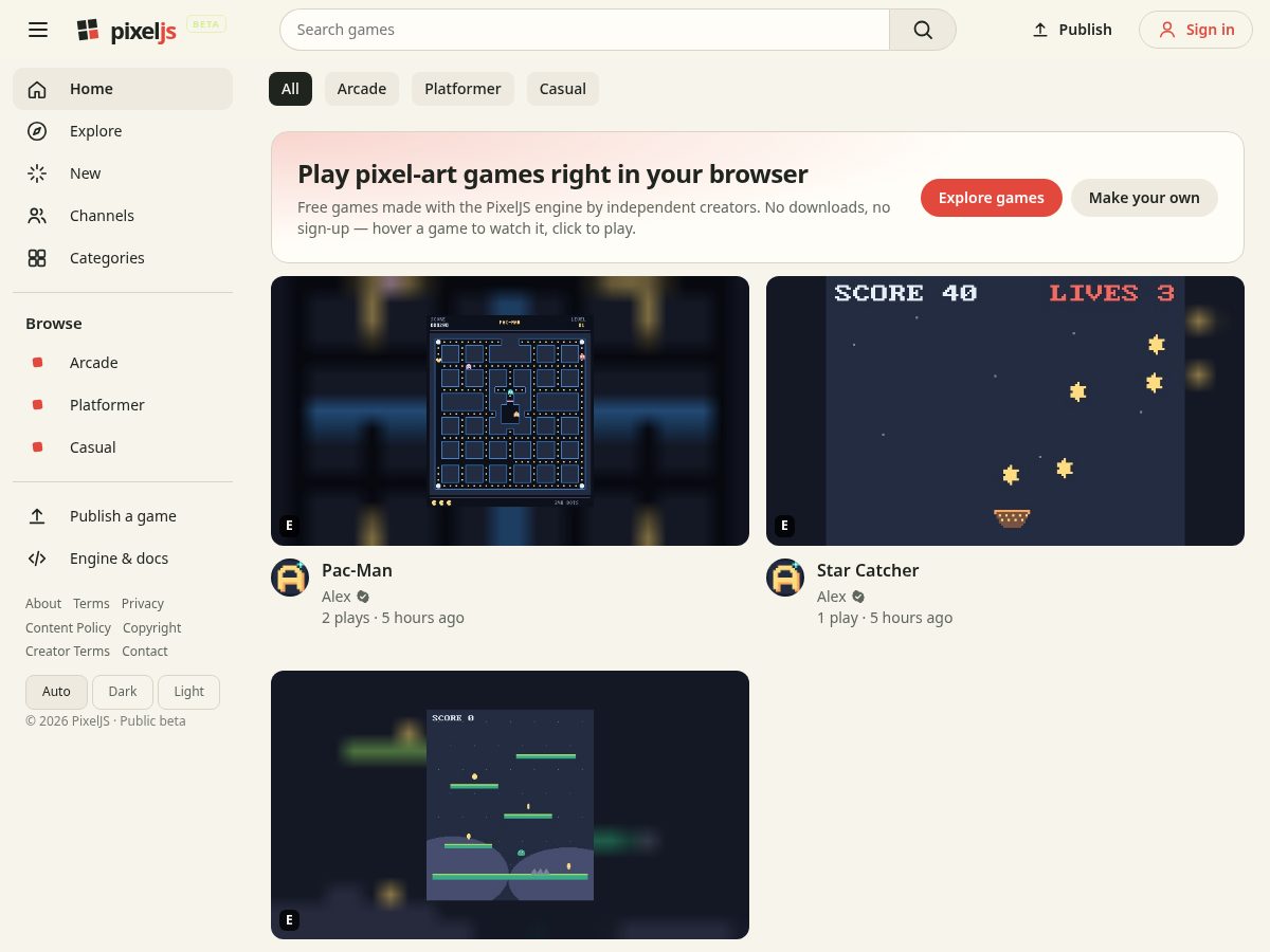 Landing-page snapshot of pixeljs.com