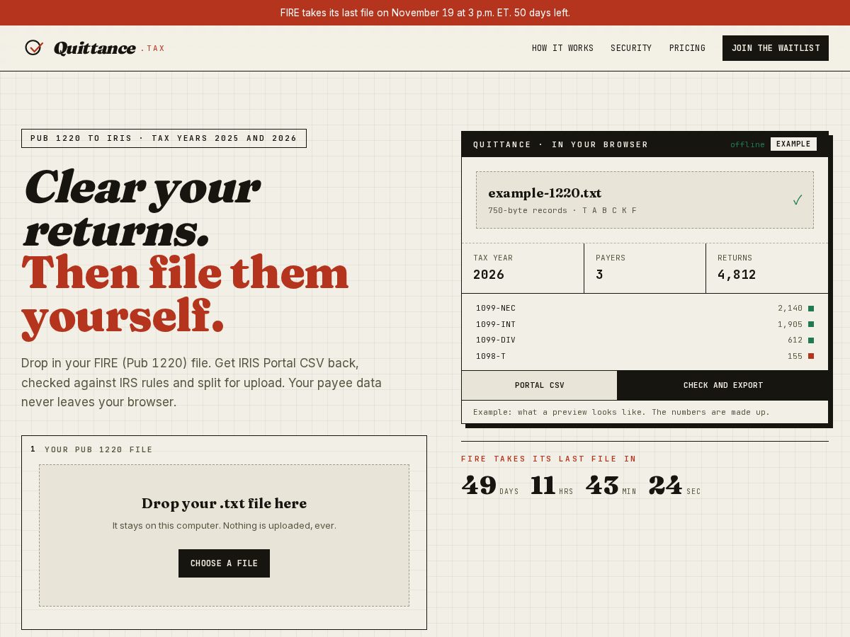 Landing-page snapshot of quittance.tax