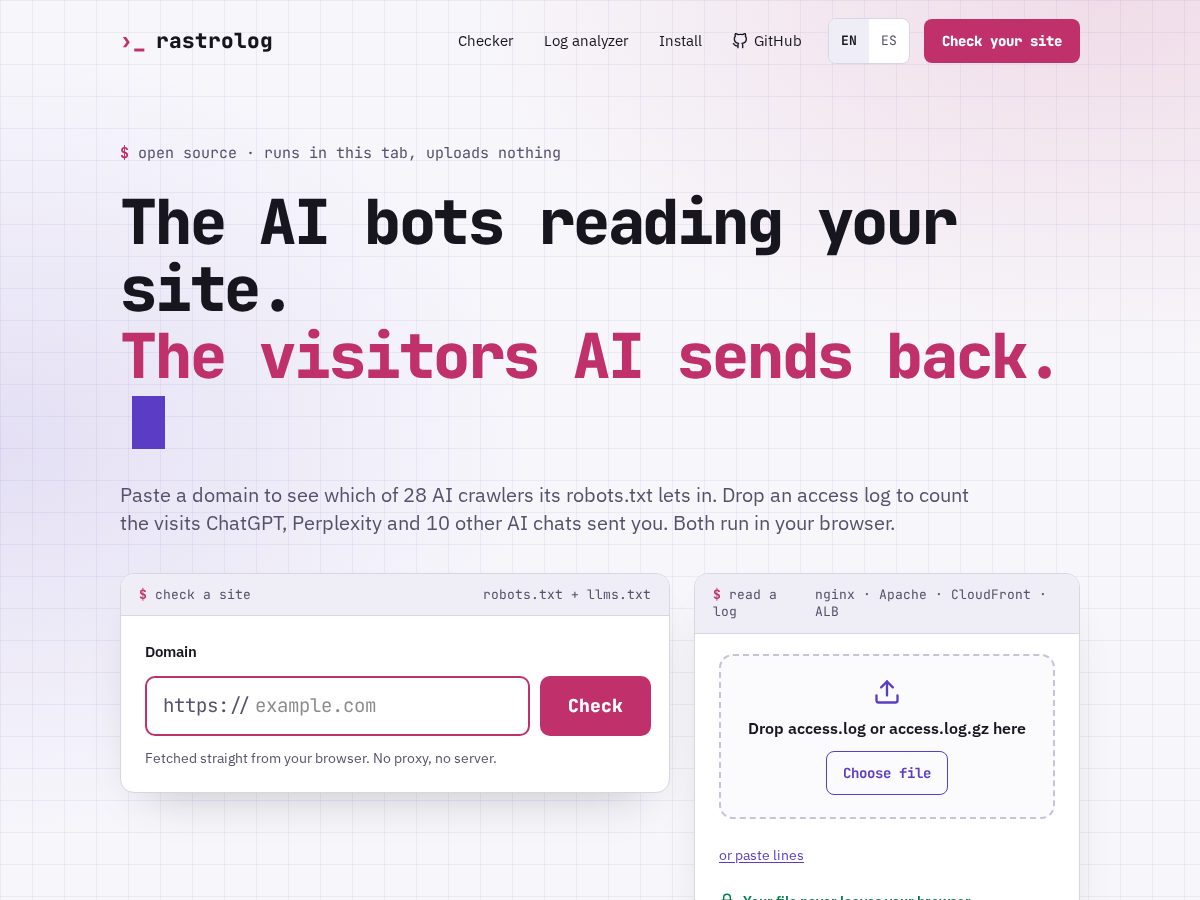 Landing-page snapshot of rastrolog.com