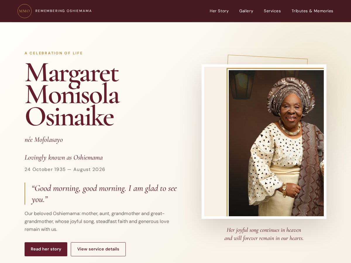 Landing-page snapshot of rememberoshiemama.com