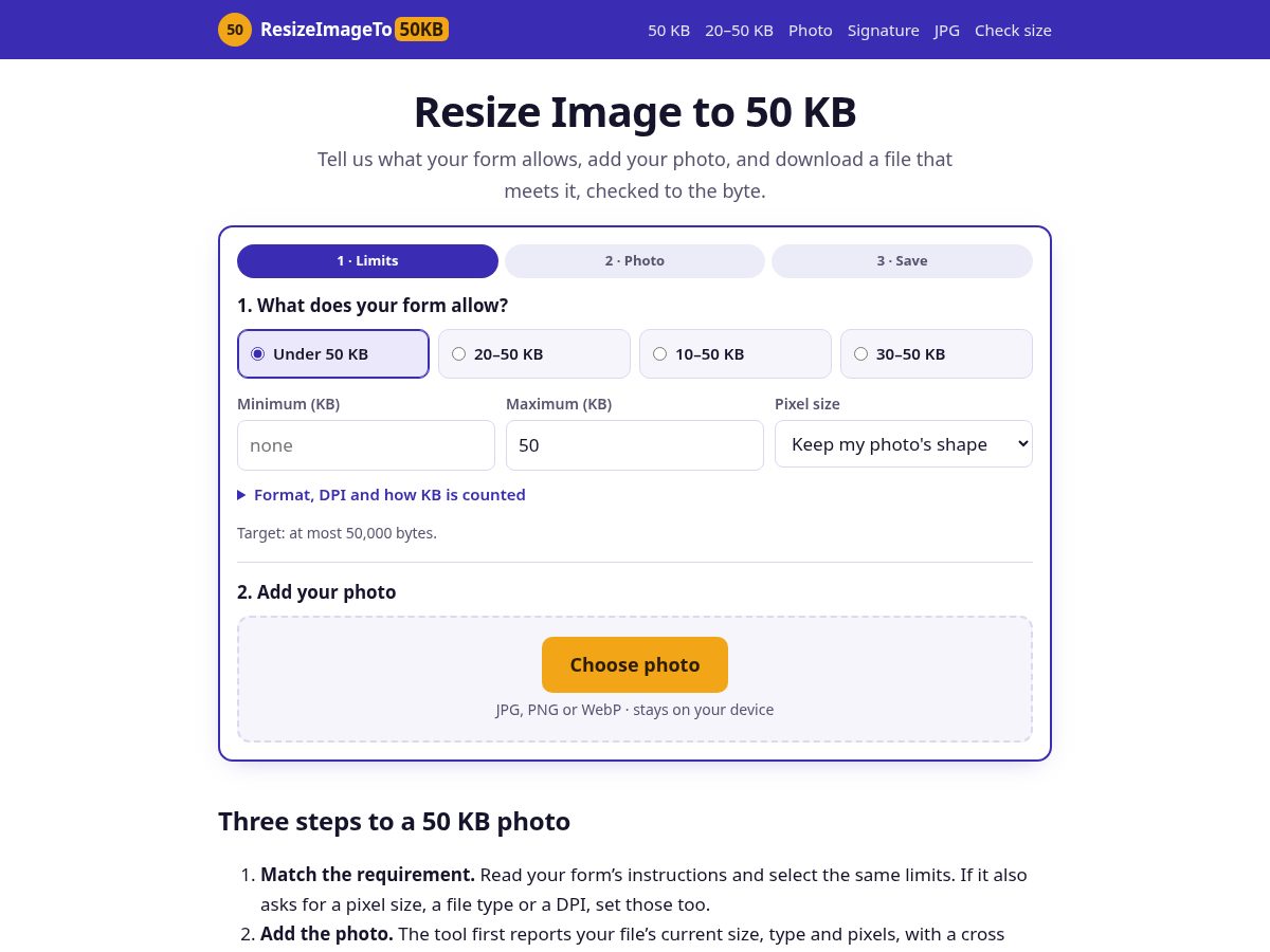 Landing-page snapshot of resizeimageto50kb.com