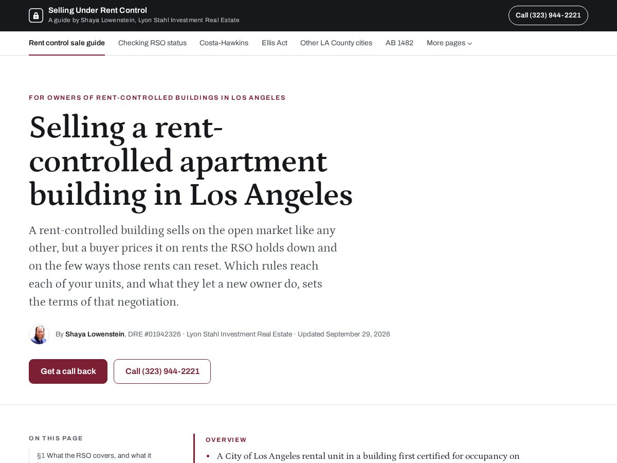Landing-page snapshot of sellrentcontrolledbuilding.com